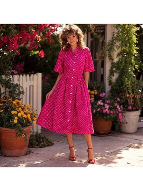 Vtg 1980s Mary Mary Shirt Dress Size 12 Cherry Red & White Polka Dot 100% Cotton